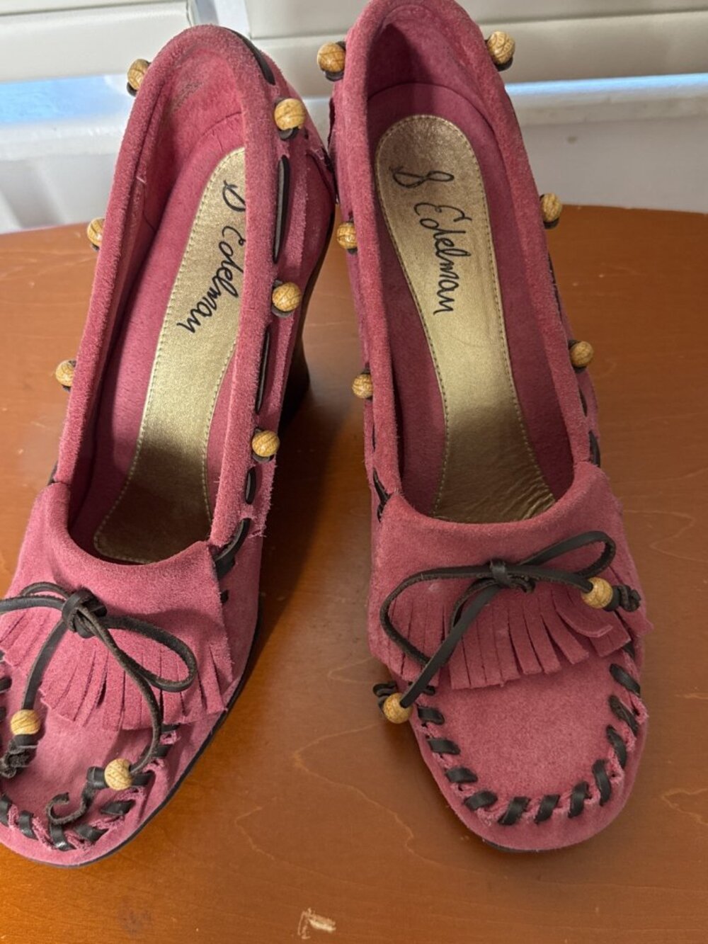 SAM EDELMAN Pink Suede Leather Whip Stitch Western Moccasin Wedge Heels 9 Indian